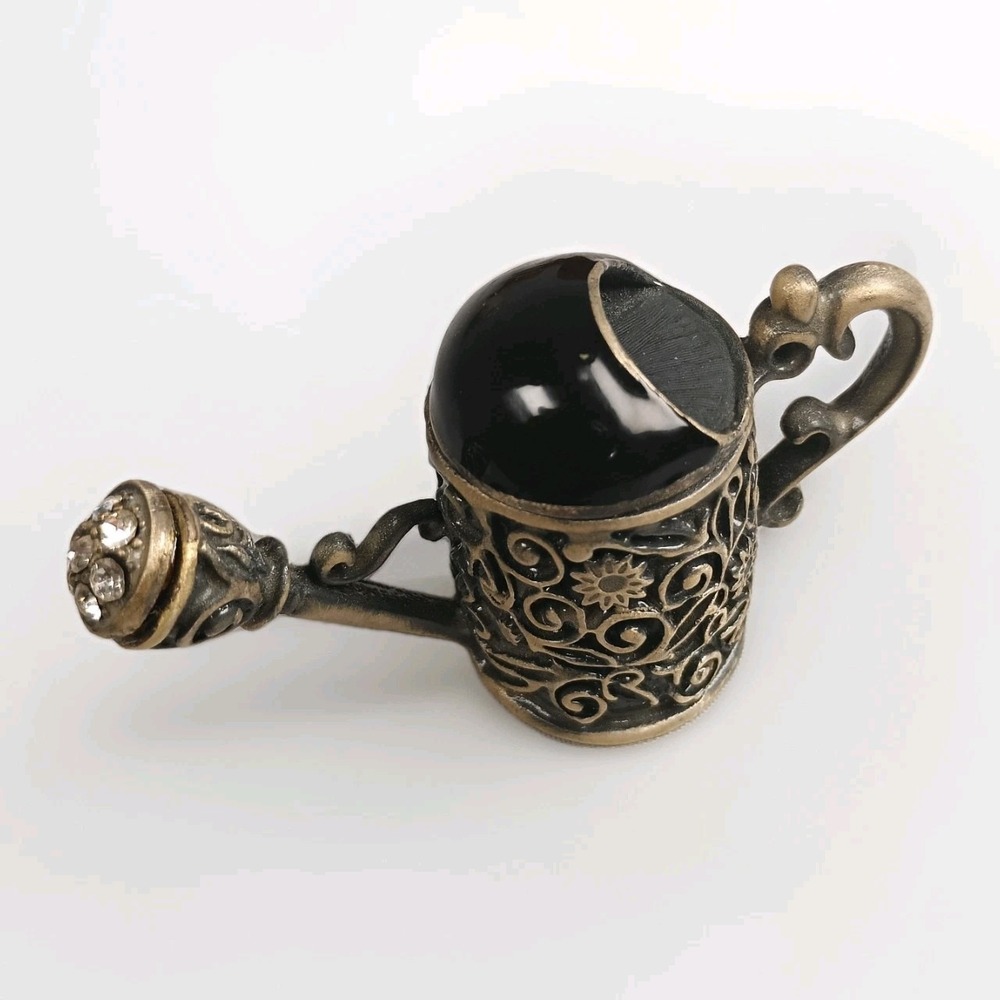Watering Can Trinket Box Black Rhinestones Flowers, Vintage Metal Heavy Charm